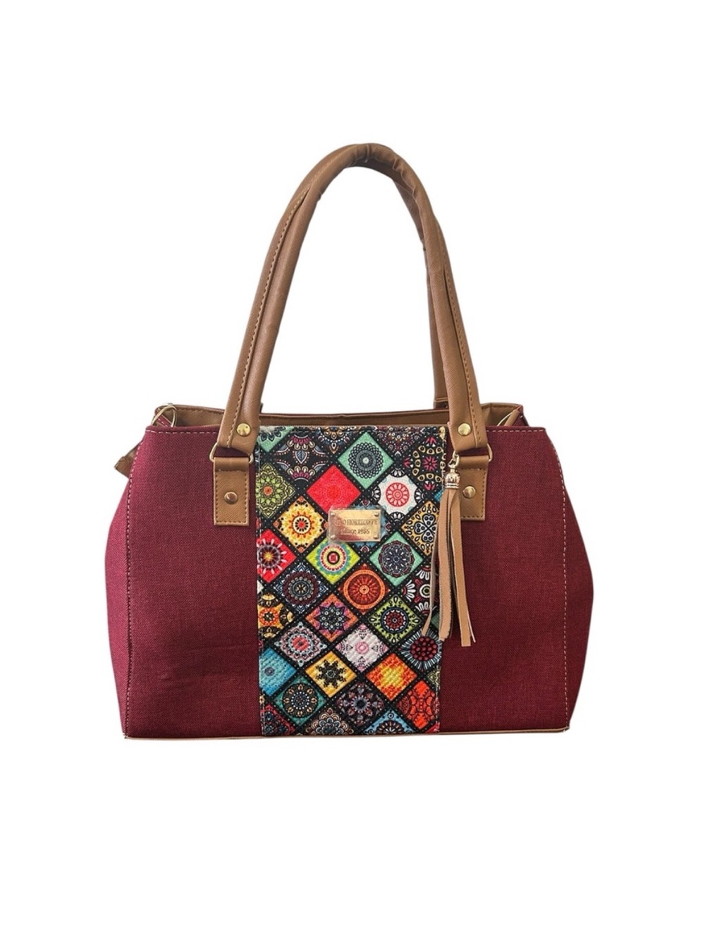 NEW Maroon Tote with Colorful Mosaic Panel and Tan Handles Belo Horizonte Bag